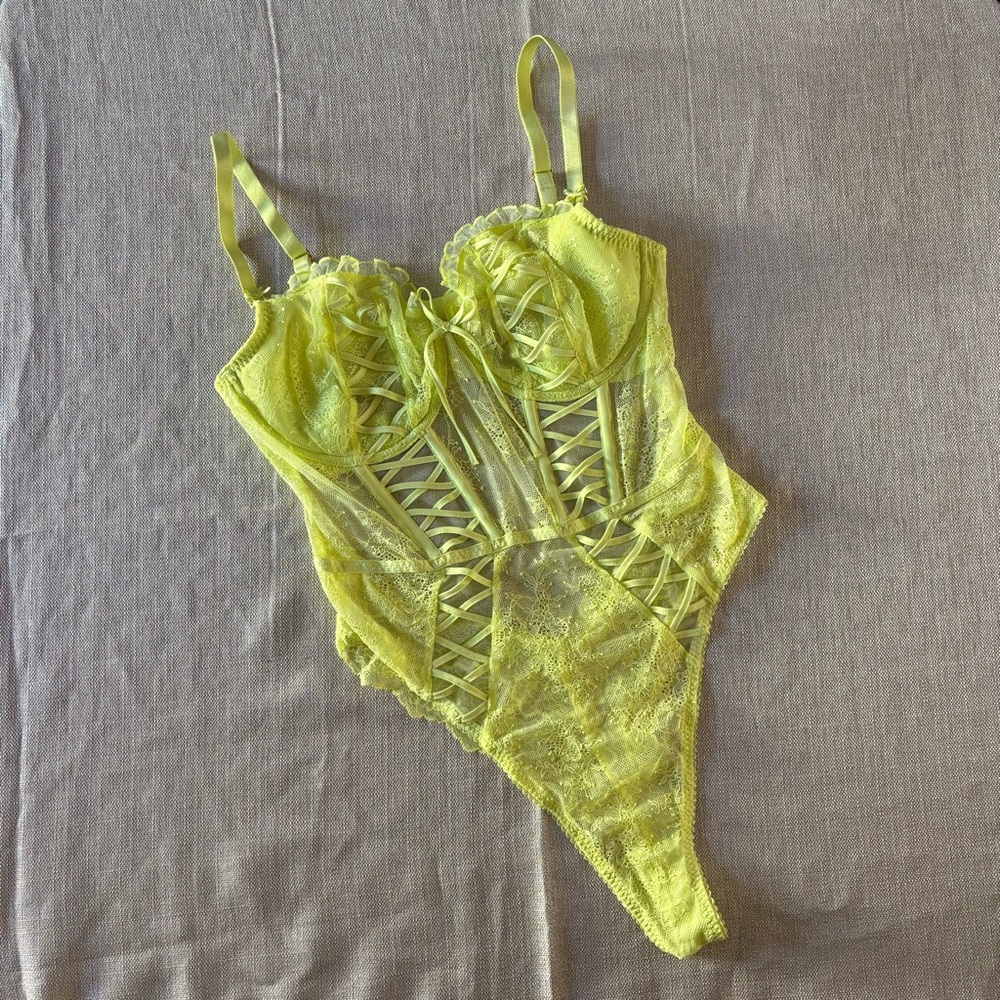 Victoria's Secret Lacey Lingerie Bodysuit Neon Yellow XL